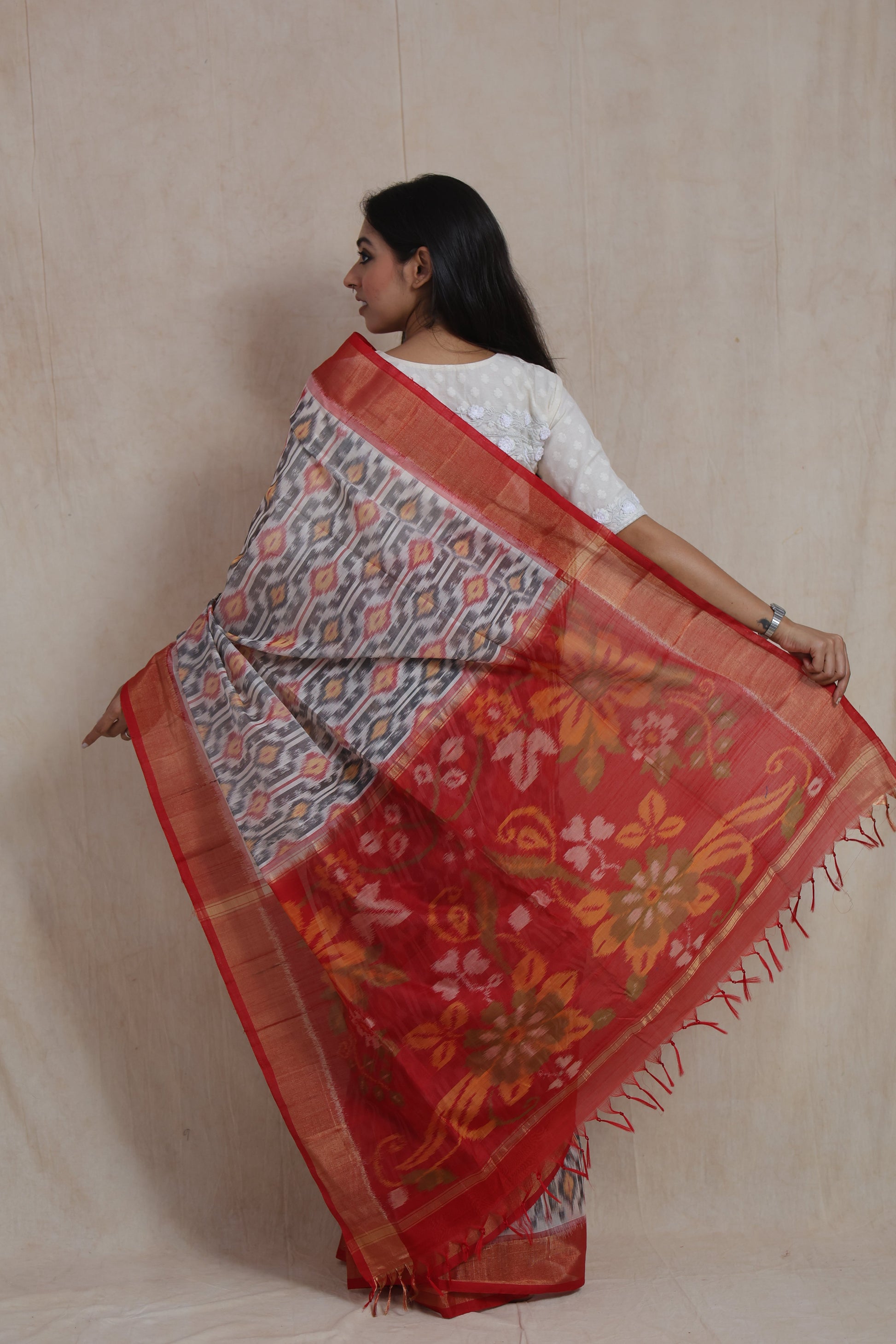 Back view showcasing crimson floral pallu of Pochampally SICO saree