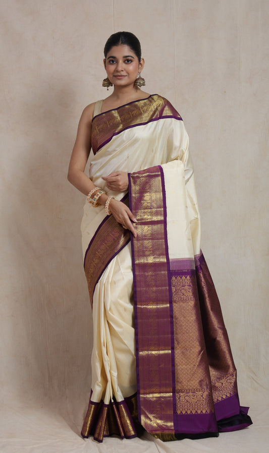 Ivory Kanchipuram Silk Saree with Royal Purple Border & Rich Pallu