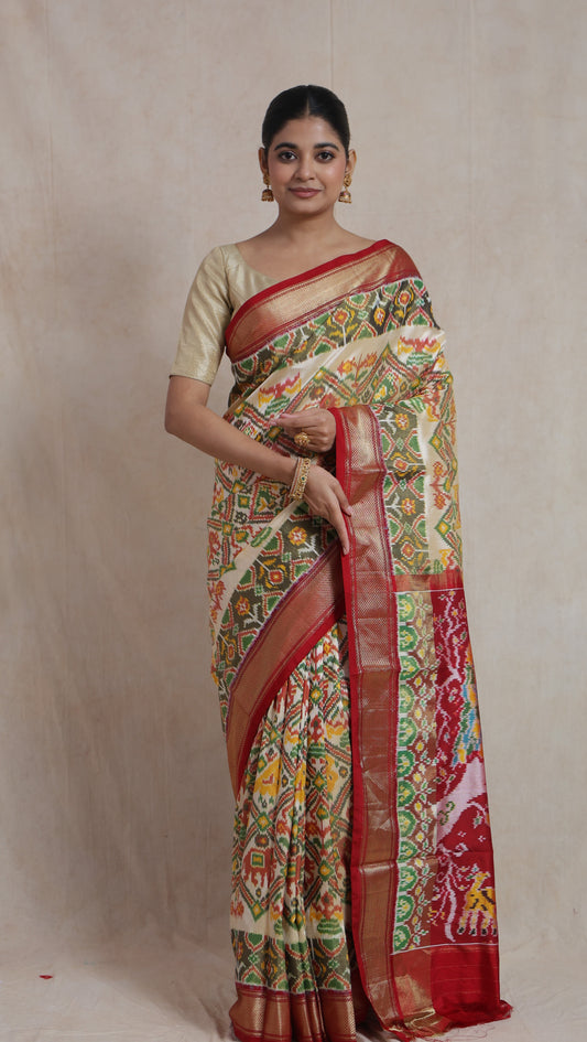 Ivory & Crimson Pochampali Silk Saree with Traditional Woven Pallu