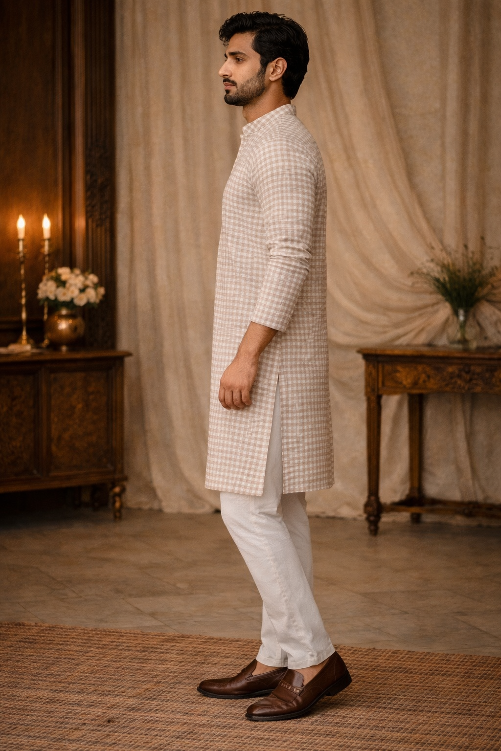Beige Checkered Cotton
