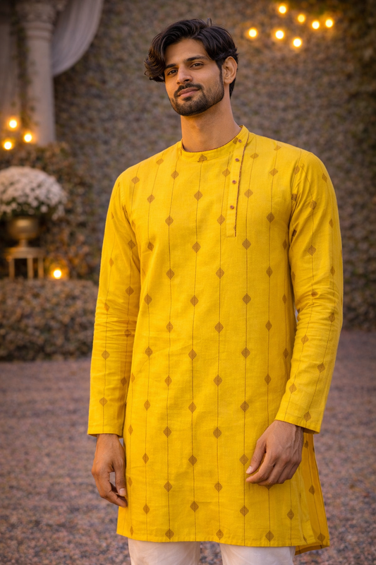 Bright Mustard Printed Cotton Kurta for Vibrant Festive Style