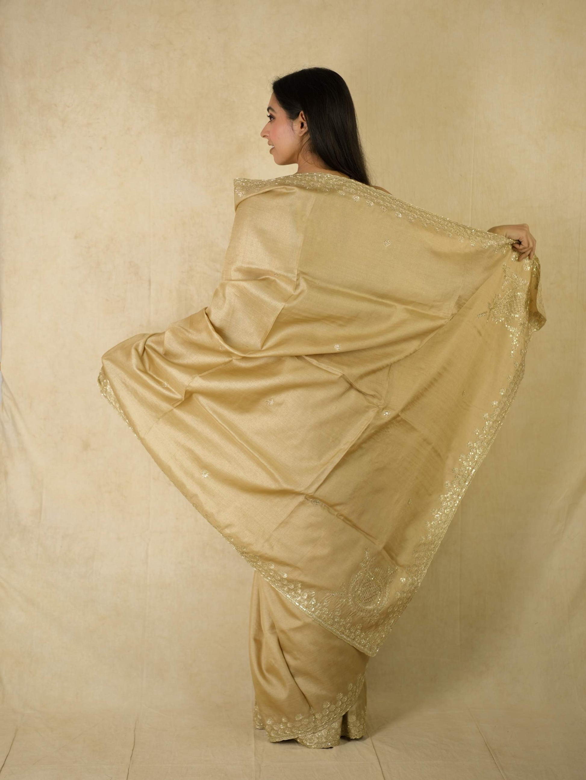 HAND ZARDOSI BEIGE COLOUR TUSSAR SILK SAREE