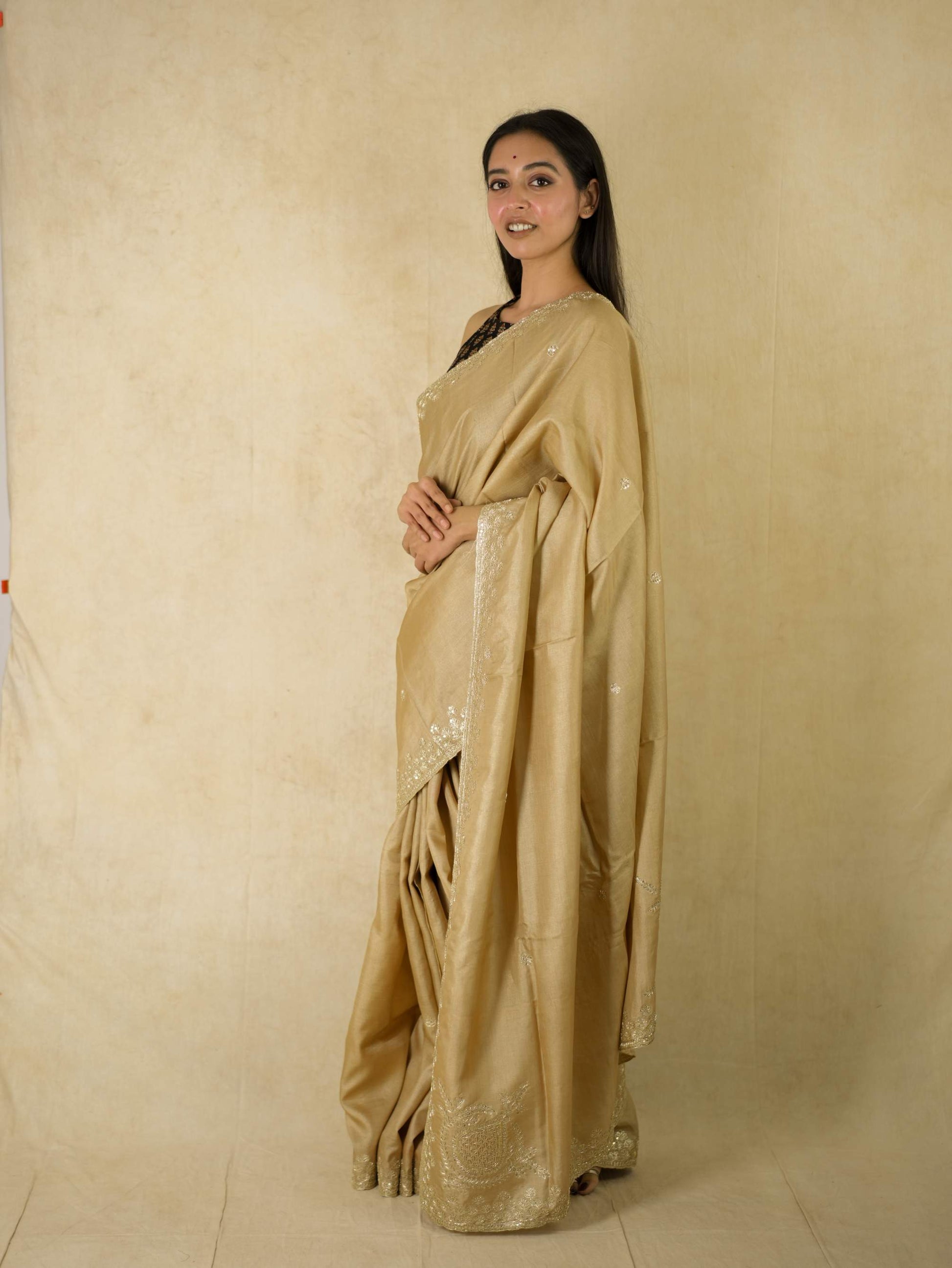 HAND ZARDOSI BEIGE COLOUR TUSSAR SILK SAREE