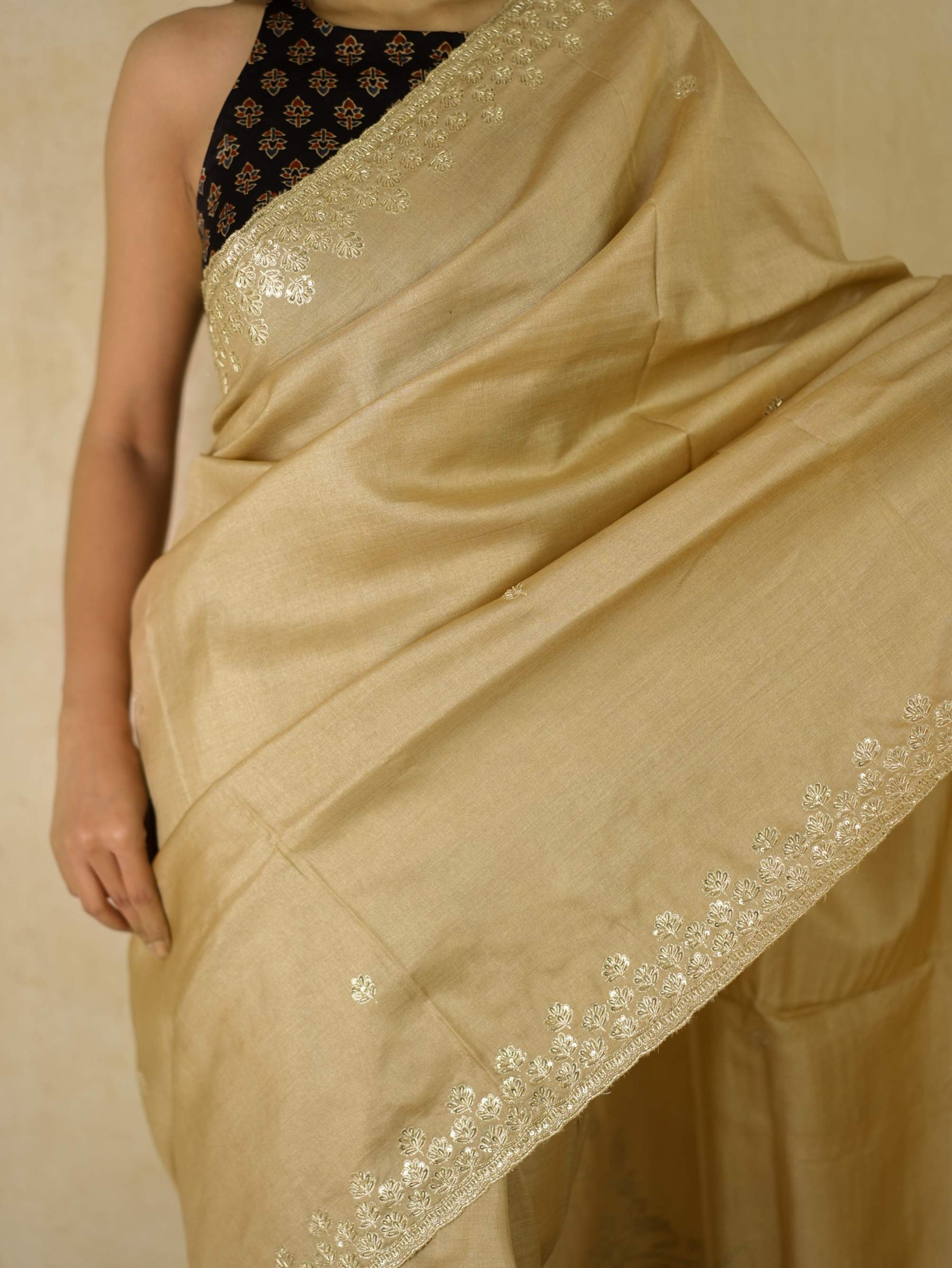 HAND ZARDOSI BEIGE COLOUR TUSSAR SILK SAREE