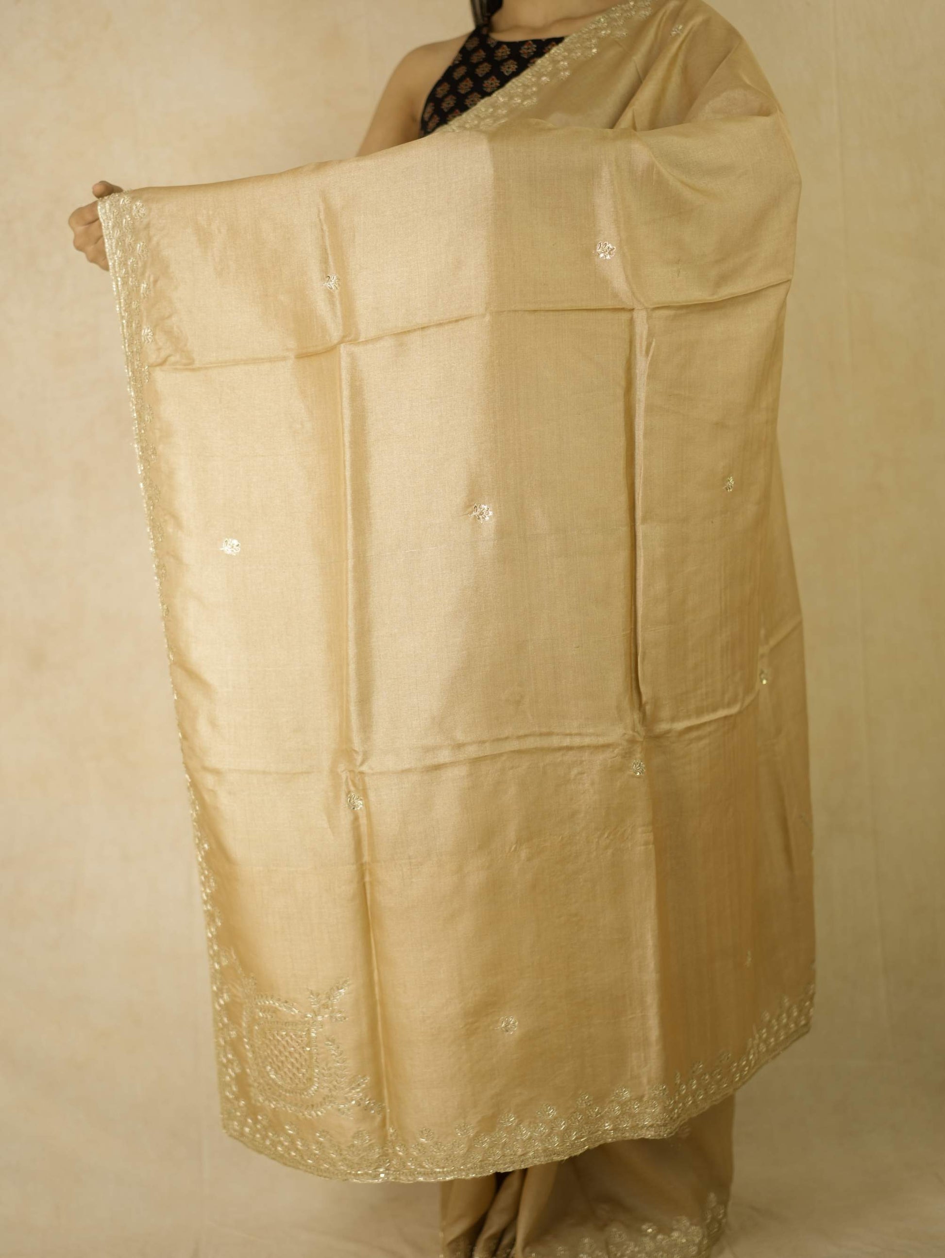 HAND ZARDOSI BEIGE COLOUR TUSSAR SILK SAREE