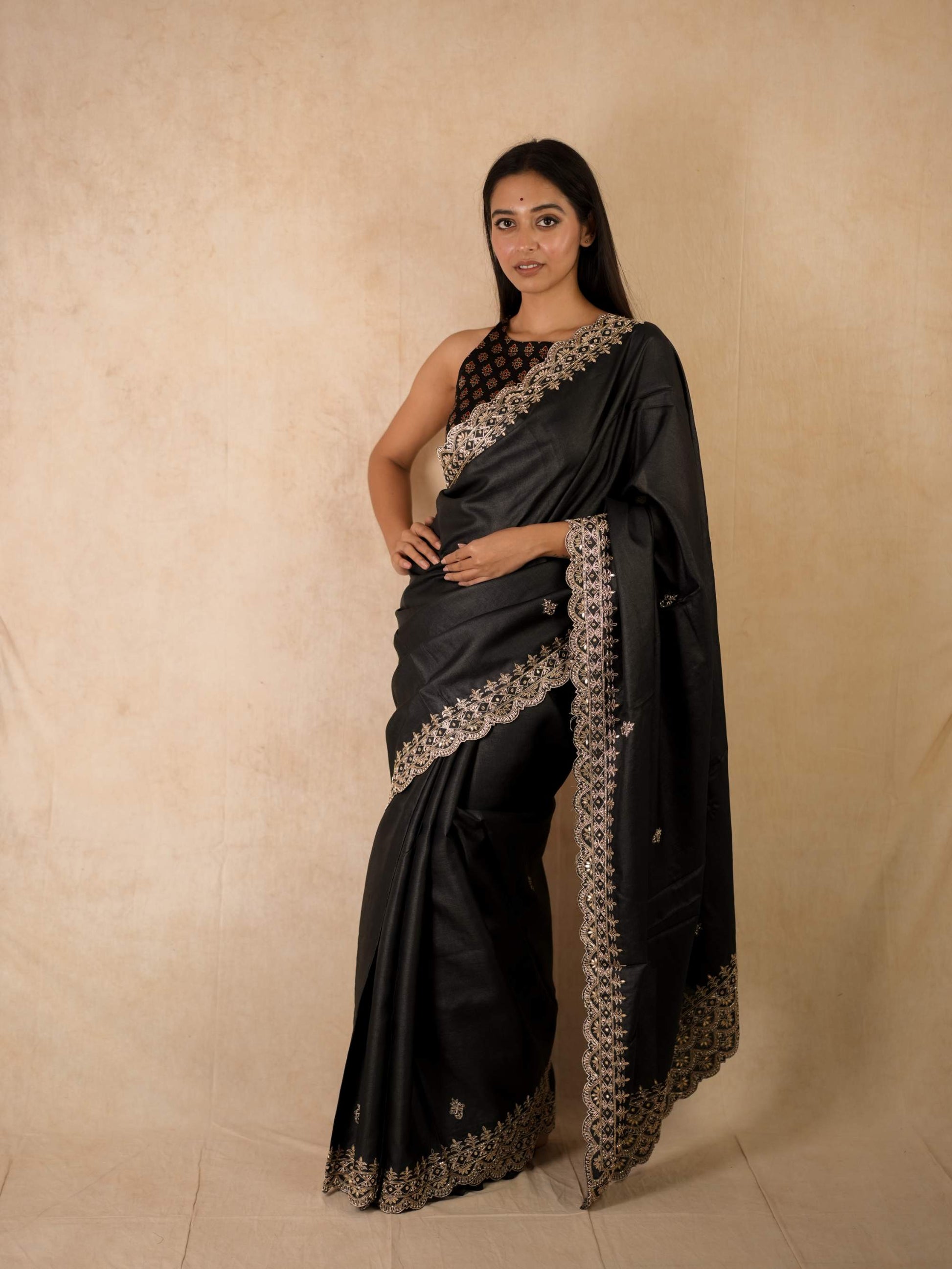 HAND ZARDOSI BLACK COLOUR TUSSAR SILK SAREE