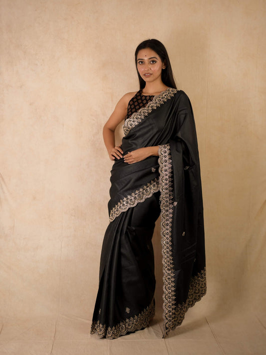 HAND ZARDOSI BLACK COLOUR TUSSAR SILK SAREE