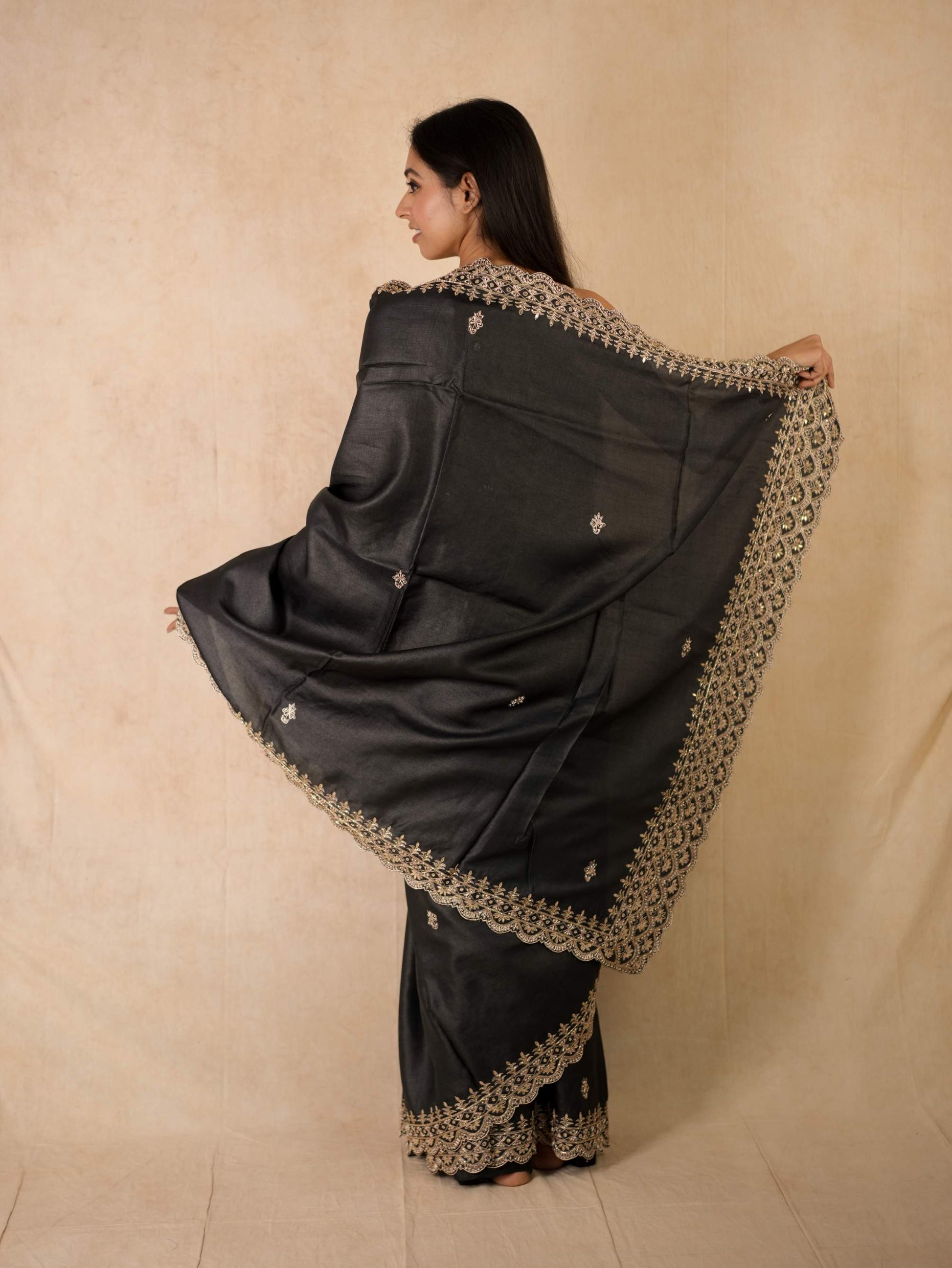 HAND ZARDOSI BLACK COLOUR TUSSAR SILK SAREE