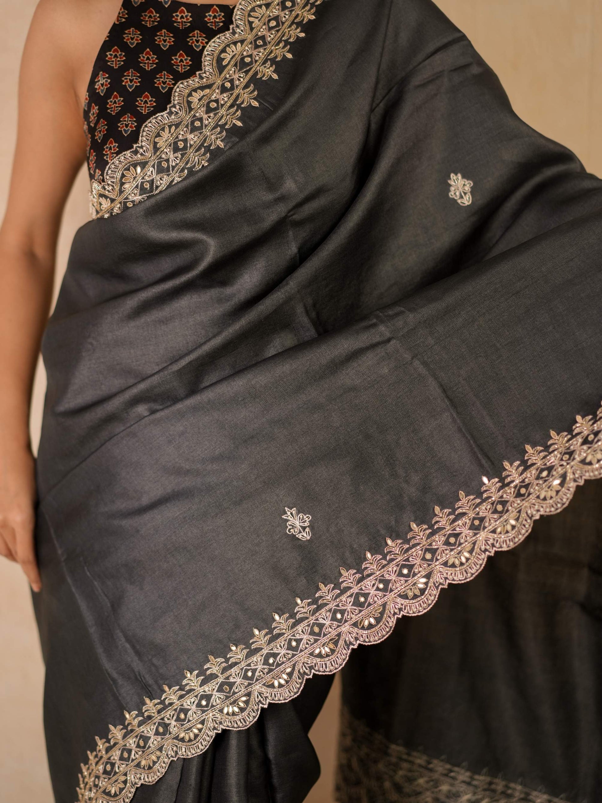HAND ZARDOSI BLACK COLOUR TUSSAR SILK SAREE