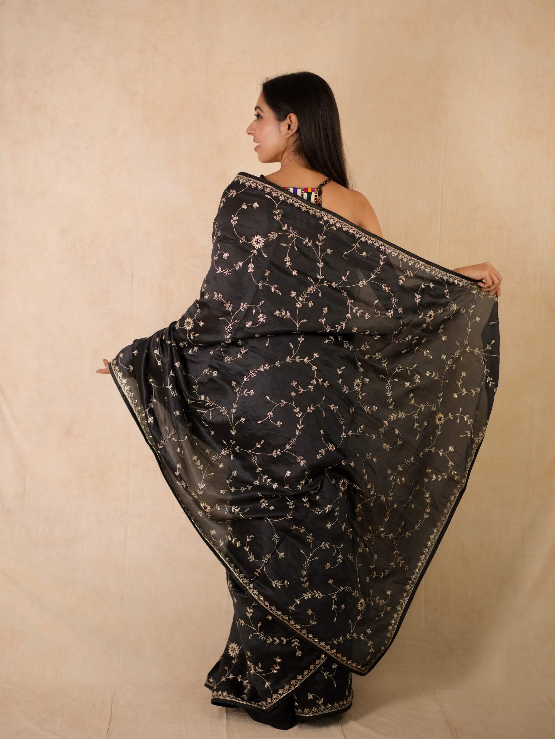 HAND ZARDOSI BLACK COLOUR TUSSAR SILK SAREE