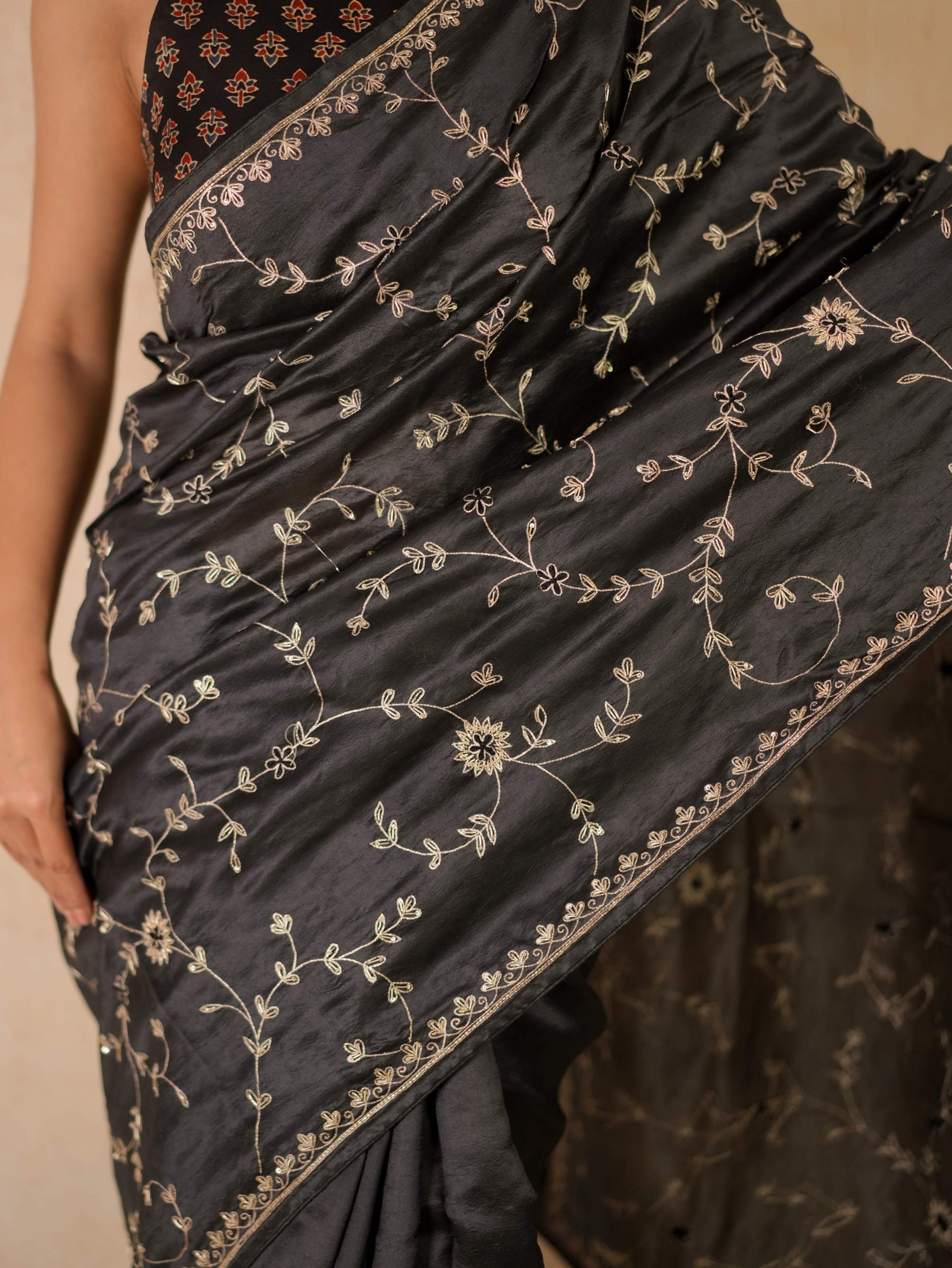 HAND ZARDOSI BLACK COLOUR TUSSAR SILK SAREE