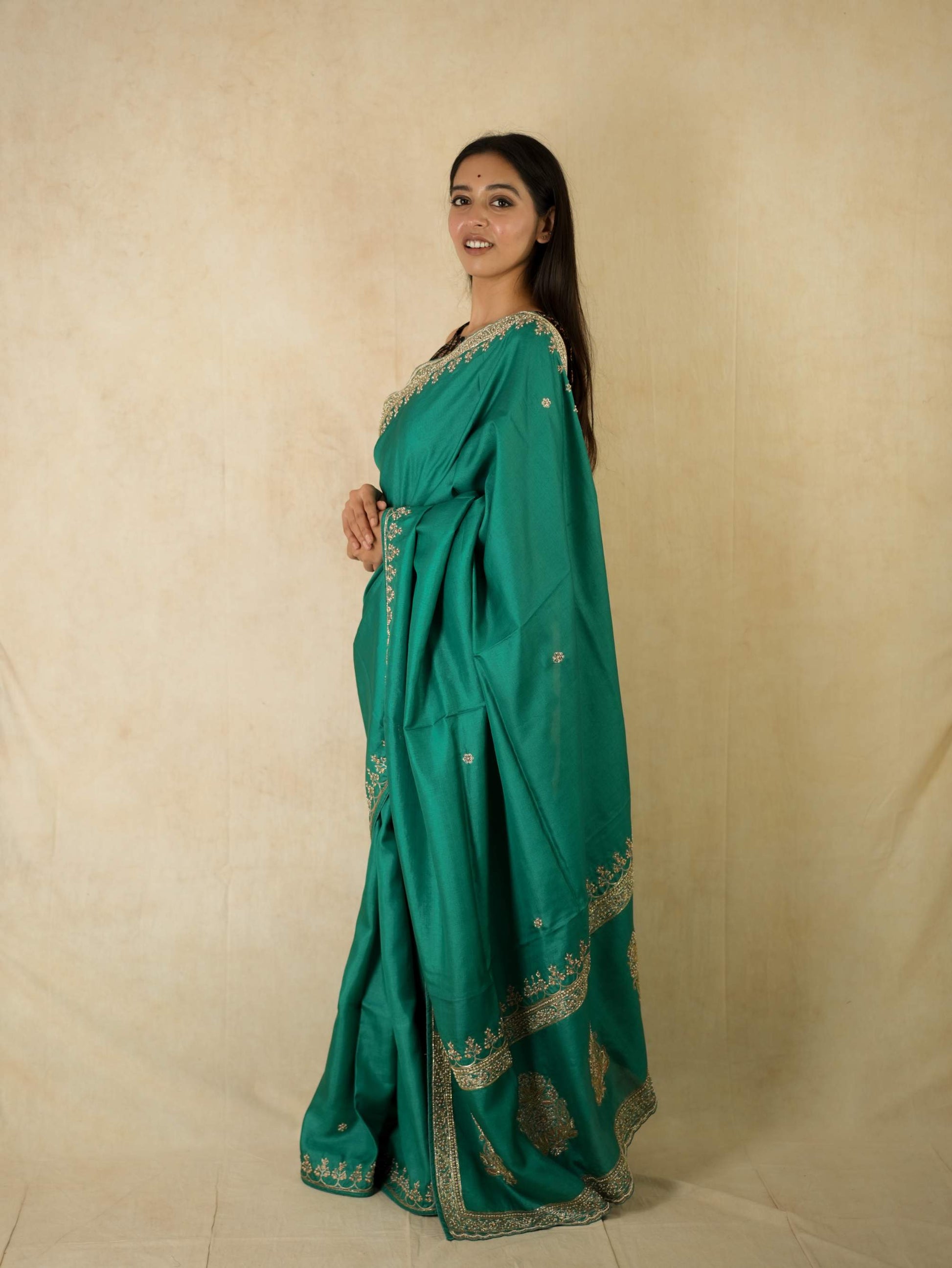 HAND ZARDOSI GREEN COLOUR TUSSAR SILK SAREE