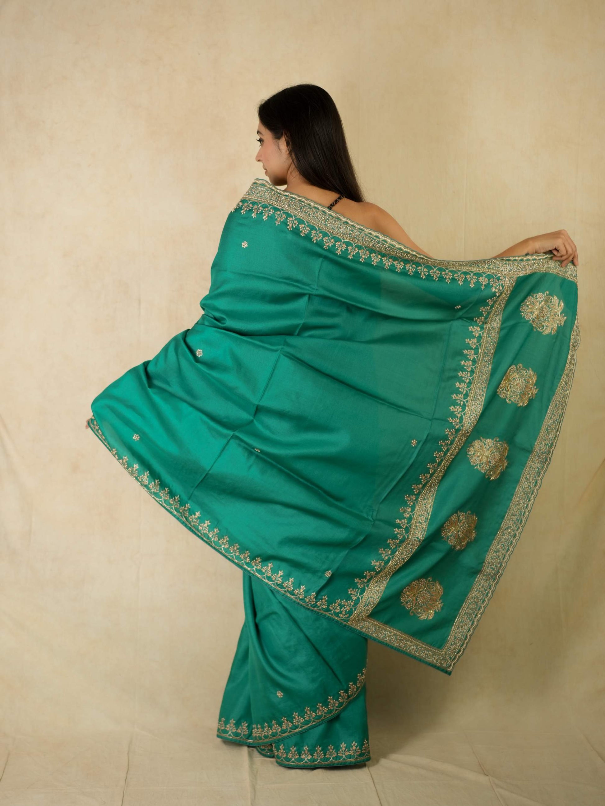 HAND ZARDOSI GREEN COLOUR TUSSAR SILK SAREE