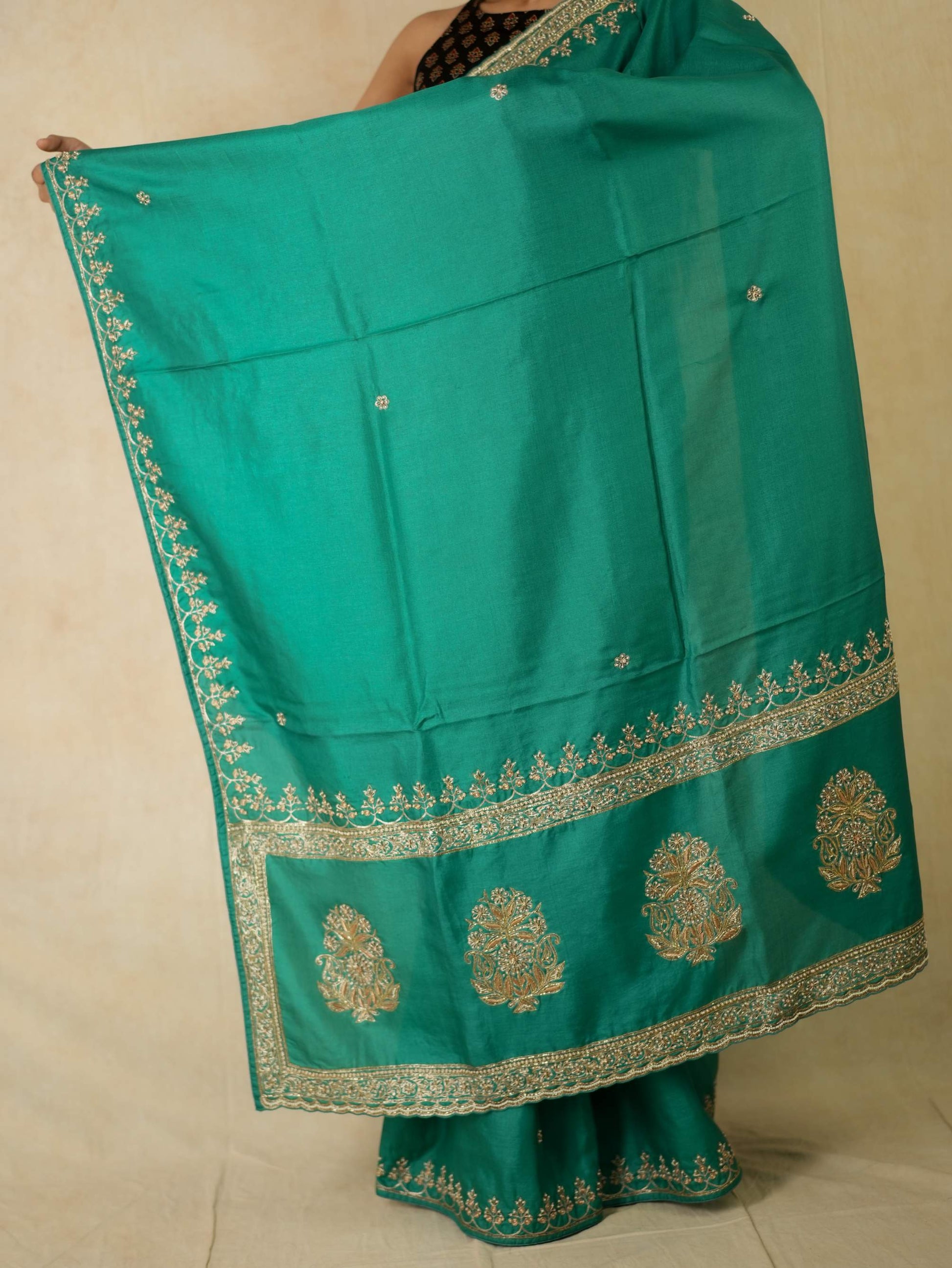 HAND ZARDOSI GREEN COLOUR TUSSAR SILK SAREE