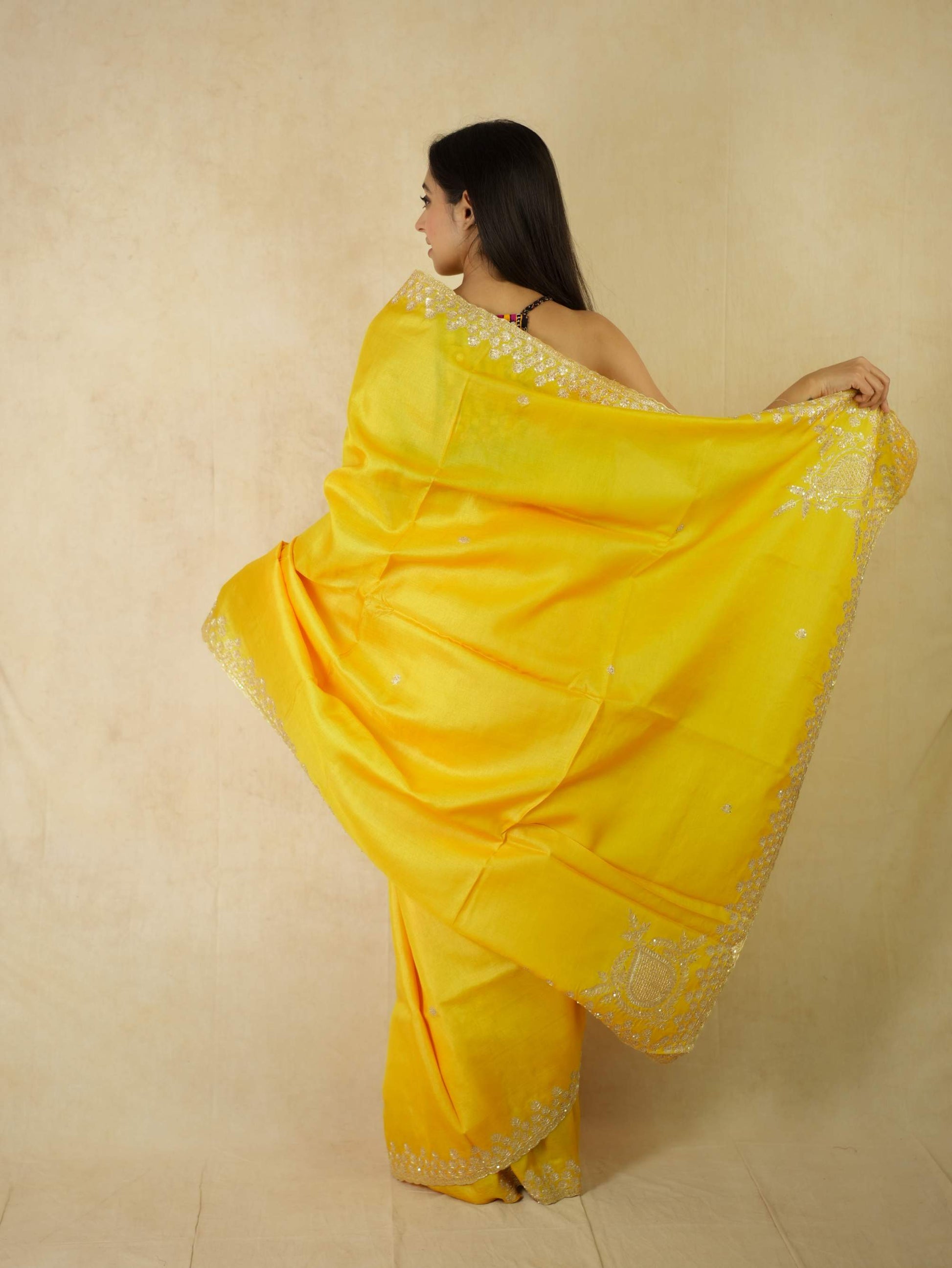 HAND ZARDOSI YELLOW COLOUR TUSSAR SILK SAREE