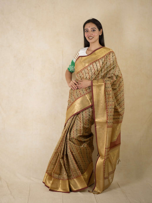 HANDWOVEN BEIGE COLOUR KANCHIPURAM SILK BY COTTON SAREE WITH 73 CM BLOUSE PIECE