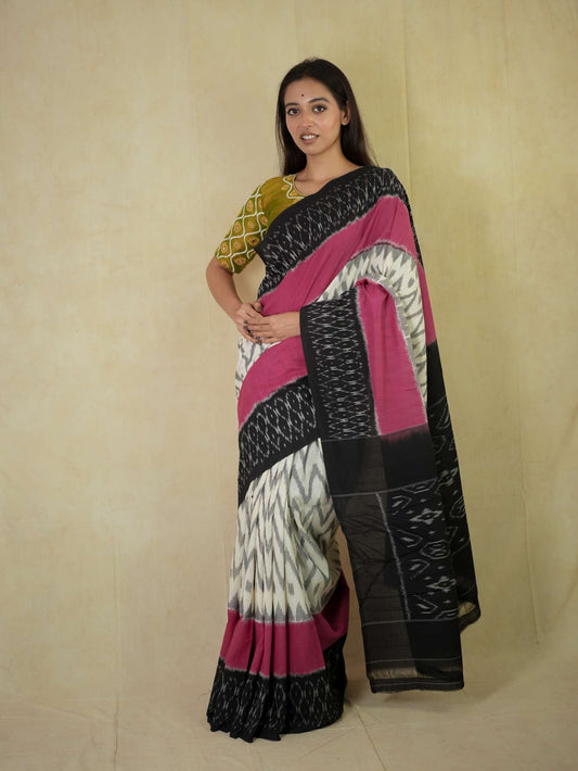 HANDWOVEN BLACK AND MEGENTA COLOUR POCHAMPALLY MERCIRISED COTTON SAREE WITH 95 CM BLOUSE PIECE