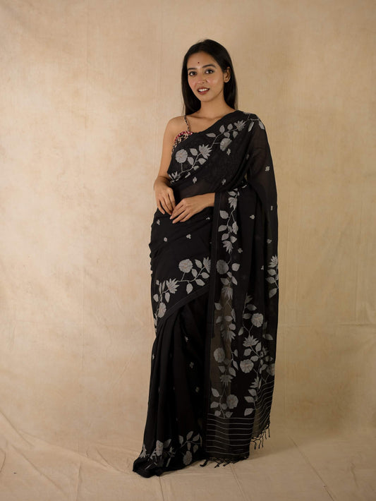 HANDWOVEN BLACK COLOUR COTTON JAMDANI SAREE WITH 87 CM BLOUSE PIECE