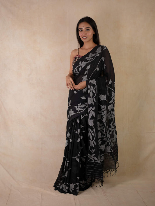HANDWOVEN BLACK COLOUR COTTON JAMDANI SAREE WITH 91 CM BLOUSE PIECE