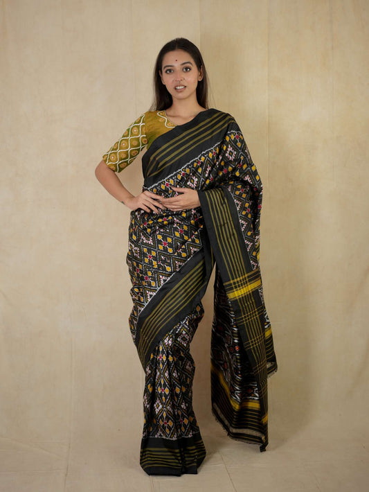 HANDWOVEN BLACK COLOUR POCHAMPALLY SILK SAREE WITH 84 CM BLOUSE PIECE