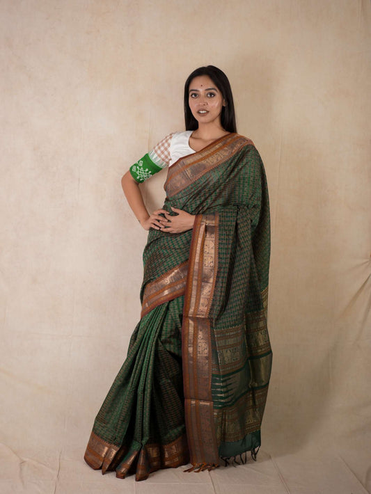 HANDWOVEN BLACK & GREEN DUAL TONE KANCHIPURAM SILK BY COTTON SAREE WITH 88 CM BLOUSE PIECE