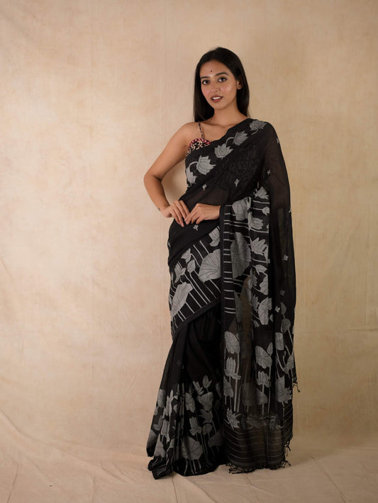 HANDWOVEN BLACK LOTUS COLOUR COTTON JAMDANI SAREE WITH 92 CM BLOUSE PIECE