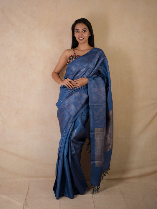 HANDWOVEN BLUE COLOUR KOSA SILK SAREE WITH 76 CM BLOUSE PIECE