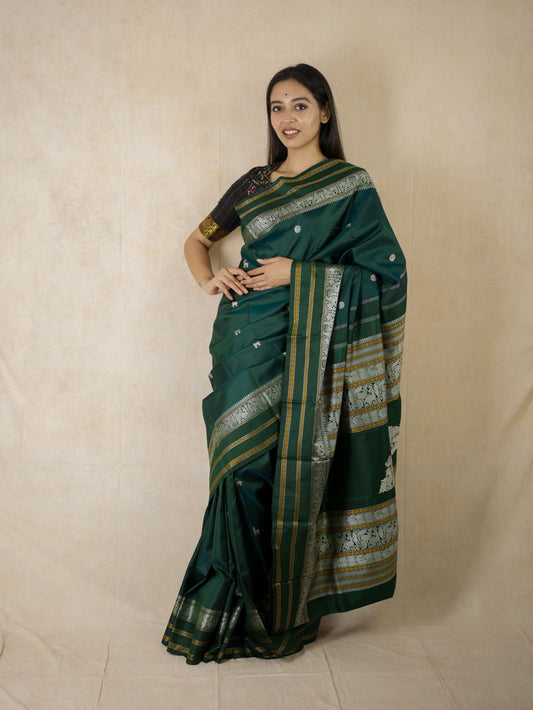 HANDWOVEN BLUE-GREEN DUAL TONE KANJEEVARAM SILK SAREE WITH 78 CM BLOUSE PIECE