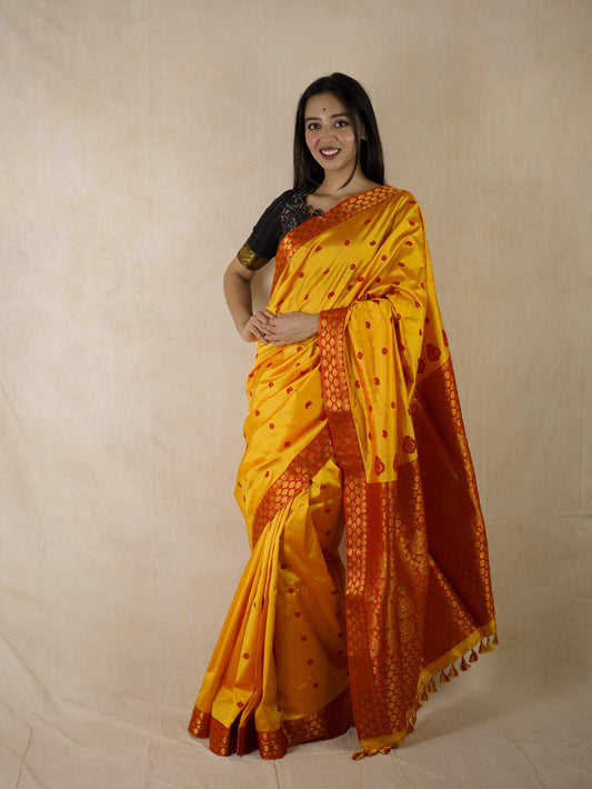 HANDWOVEN BRIGHT YELLOW COLOUR ASSAM SILK SAREE WITH 82 CM BLOUSE PIECE
