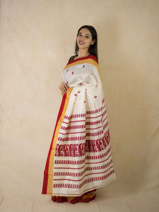 HANDWOVEN CREAM COLOUR GOROD SILK SAREE WITH OUT BLOUSE PIECE