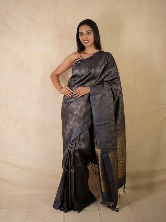 HANDWOVEN DARK GREY COLOUR KOSA SILK SAREE WITH 83 CM BLOUSE PIECE