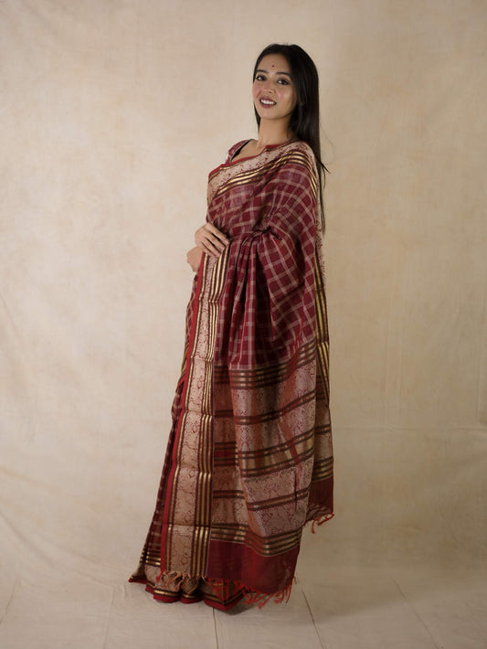 HANDWOVEN DARK MAROON COLOUR KANCHI COTTON SAREE WITH 67 CM BLOUSE PIECE