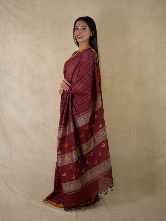 HANDWOVEN DARK MAROON COLOUR KANCHI COTTON SAREE WITH 67 CM BLOUSE PIECE