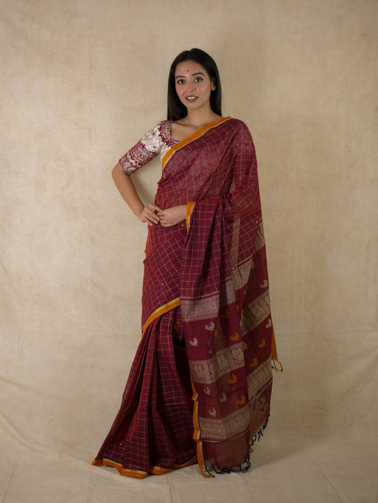HANDWOVEN DARK MAROON COLOUR KANCHI COTTON SAREE WITH 67 CM BLOUSE PIECE