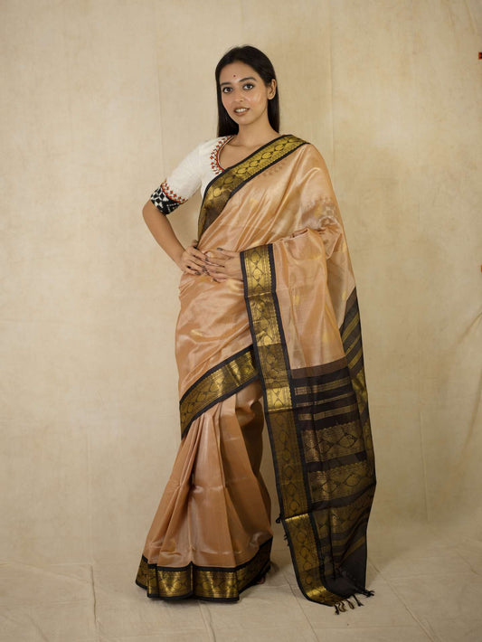 HANDWOVEN DARK PEACH COLOR KANCHIPURAM SILK BY COTTON SAREE WITH 76 CM BLOUSE PIECE