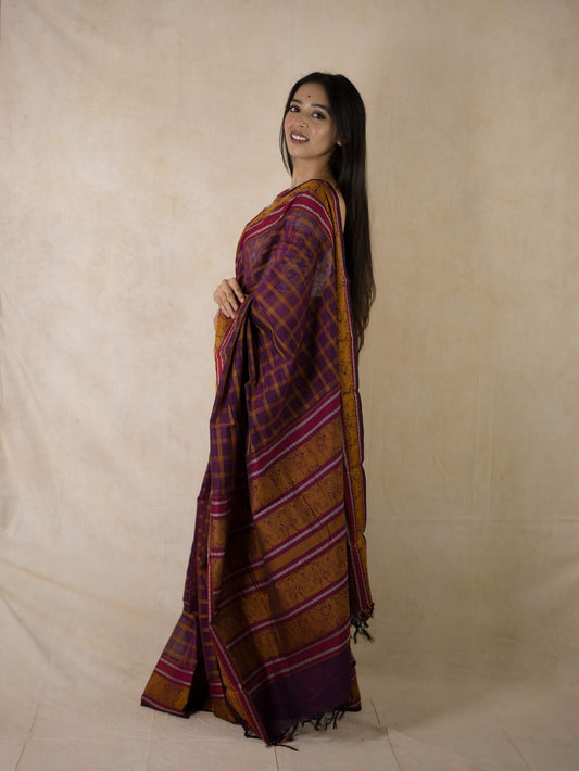 HANDWOVEN DARK PURPLE COLOUR KANCHI COTTON SAREE WITH 61 CM BLOUSE PIECE
