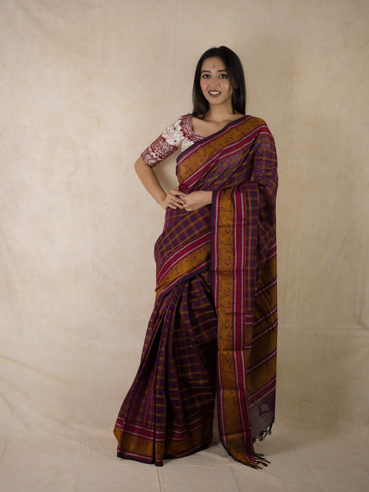 HANDWOVEN DARK PURPLE COLOUR KANCHI COTTON SAREE WITH 61 CM BLOUSE PIECE