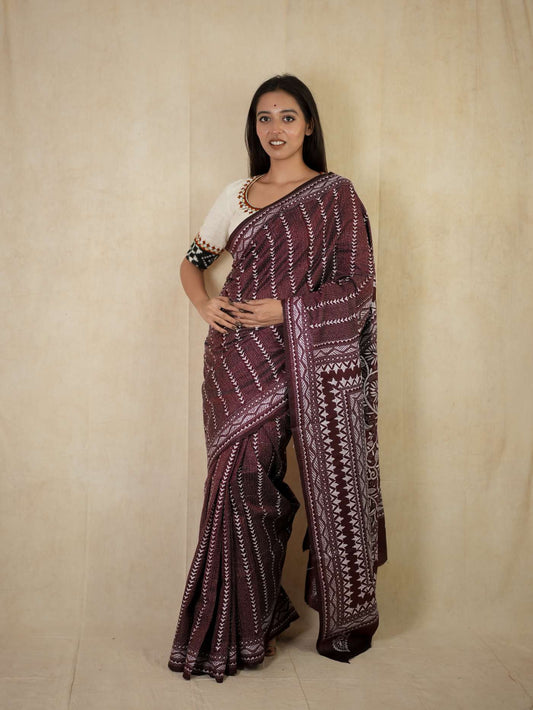 HANDWOVEN DARK REDDISH BROWN COLOUR KANTHA TUSSAR SILK SAREE WITH 95 CM BLOUSE PIECE