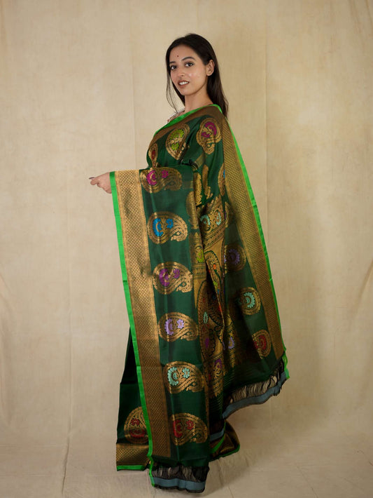 HANDWOVEN DEEP DREEN COLOUR GADWAL SILK SAREE WITH 92 CM BLOUSE PIECE