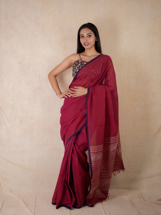 HANDWOVEN DEEP MAROON COLOUR KANCHI COTTON SAREE WITH 88 CM BLOUSE PIECE