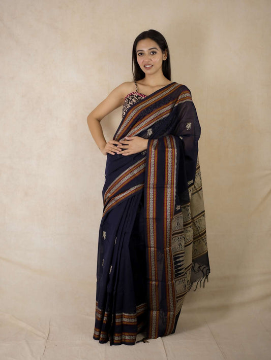 HANDWOVEN DEEP NEVY BLUE COLOUR KANCHI COTTON SAREE WITH 88 CM BLOUSE PIECE