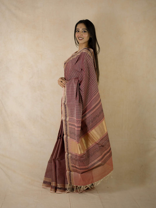 HANDWOVEN DUAL TONE OF BEIGE & LIGHT RED COLOUR KANCHI COTTON SAREE WITH 70 CM BLOUSE PIECE