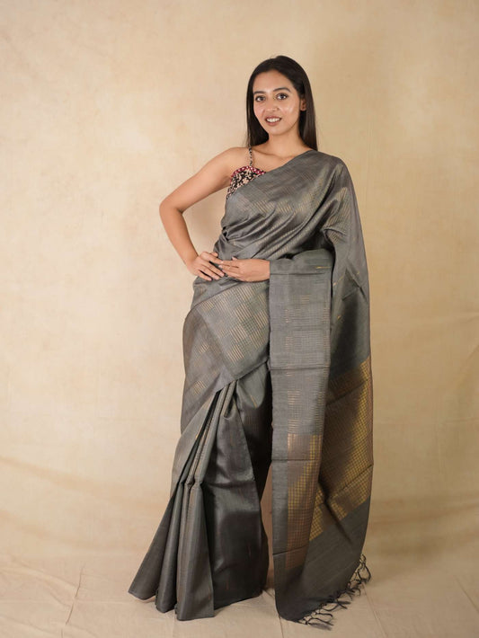 HANDWOVEN DUAL TONE OF GREY AND GOLDEN COLOUR KOSA SILK SAREE WITH 91 CM BLOUSE PIECE