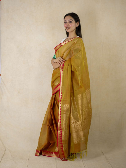 HANDWOVEN DUAL TONE OF PINK & LIGHT GREEN  KANCHIPURAM SILK BY COTTON SAREE WITH 84 CM BLOUSE PIECE