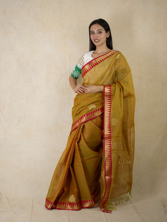 HANDWOVEN DUAL TONE OF PINK & LIGHT GREEN  KANCHIPURAM SILK BY COTTON SAREE WITH 84 CM BLOUSE PIECE