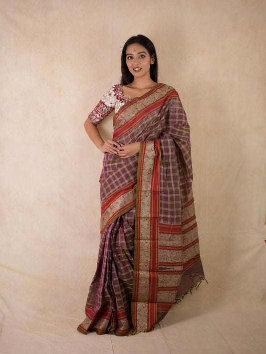 HANDWOVEN DUAL TONE OF PURPLE & GREEN COLOUR KANCHI COTTON SAREE WITH 66 CM BLOUSE PIECE