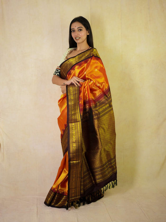 HANDWOVEN DUAL TONE OF RED AND ORANGE COLOUR GADWAL SILK SAREE WITH 88 CM BLOUSE PIECE