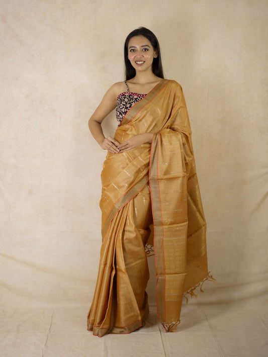 HANDWOVEN GOLDEN BROWN COLOUR KOSA SILK SAREE WITH 88 CM BLOUSE PIECE