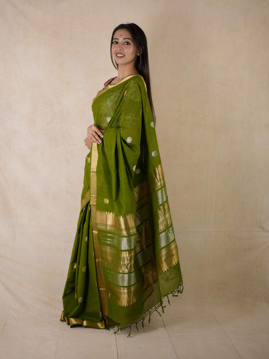 HANDWOVEN GREEN COLOUR KANCHI COTTON SAREE WITH 69 CM BLOUSE PIECE