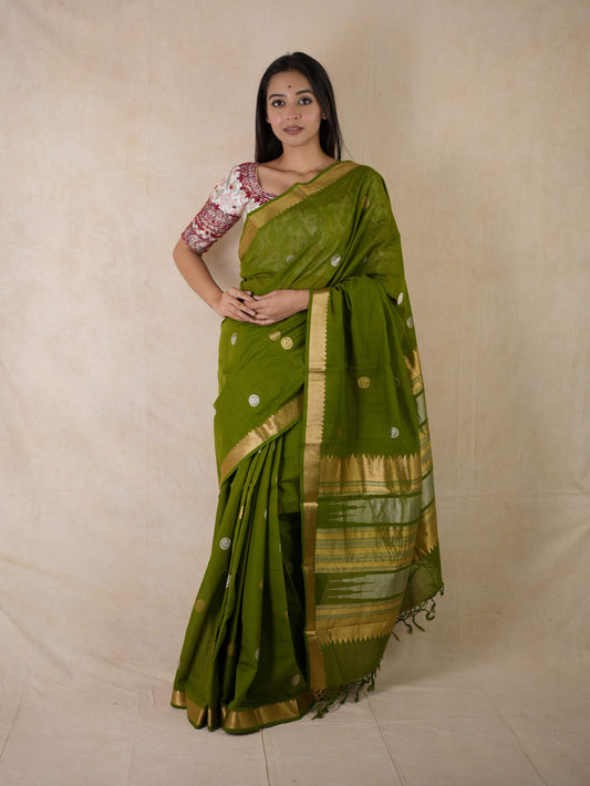 HANDWOVEN GREEN COLOUR KANCHI COTTON SAREE WITH 69 CM BLOUSE PIECE